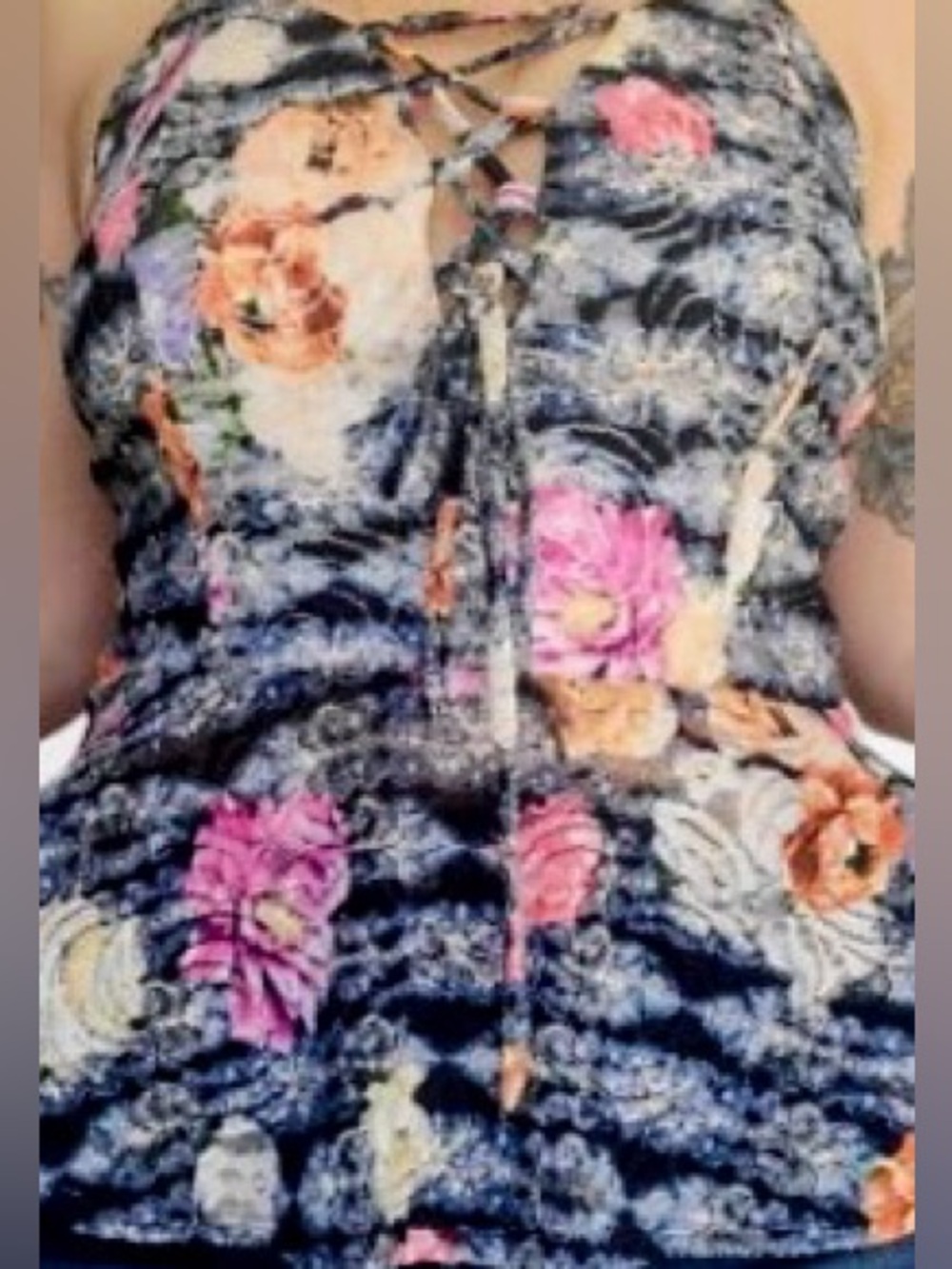 VENUS Floral Lace Up Peplum Halter with Lace Overlay